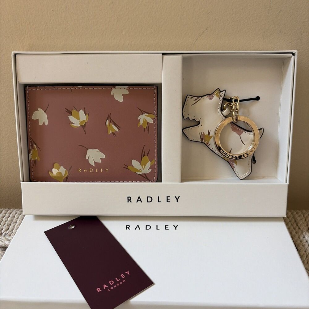 Radley London Floral Leather Zip Card Holder Scottie Dog Keyring charm Set NWT